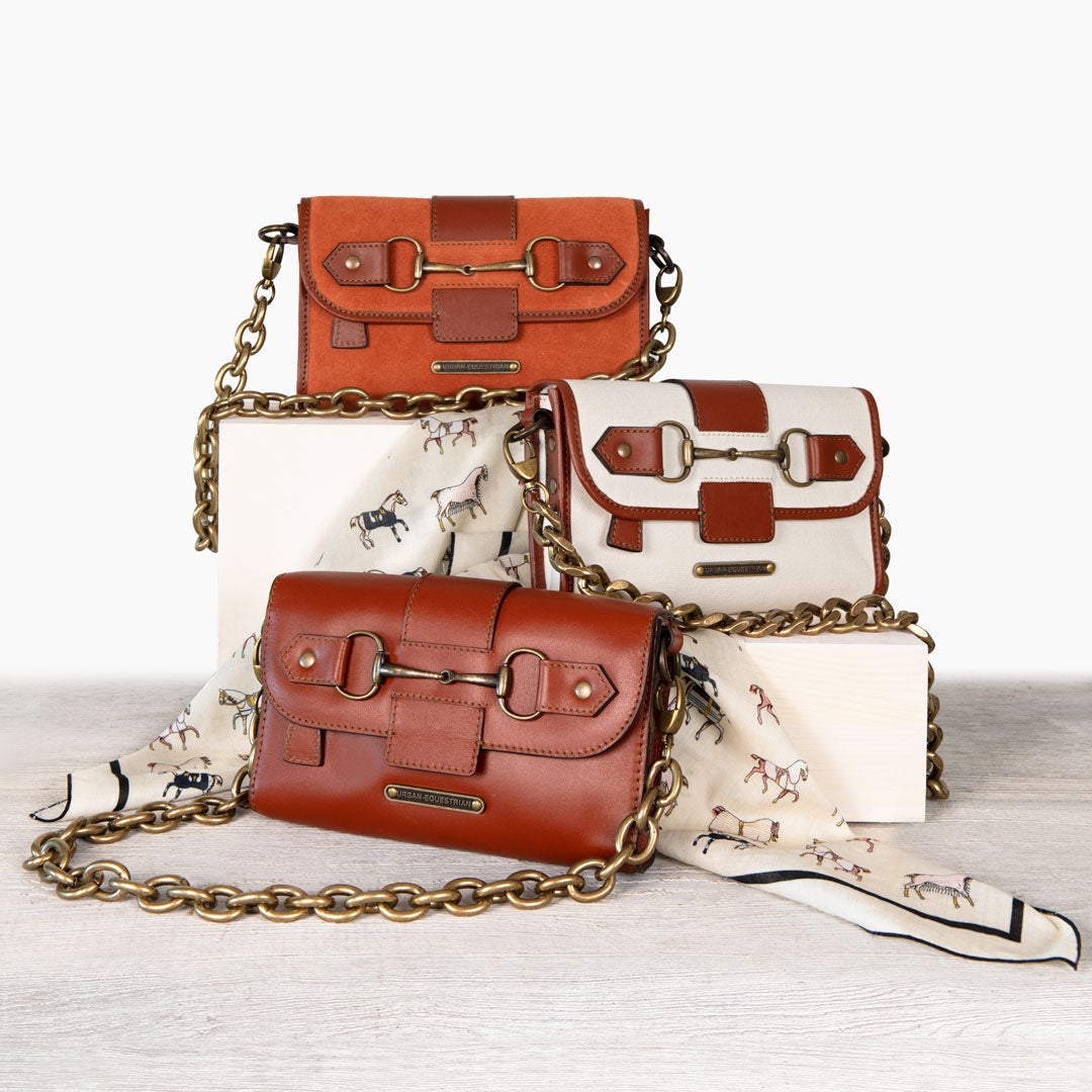 Dalton - Horse Bit Crossbody Luxury Leather Handbag in Cognac on Ivory