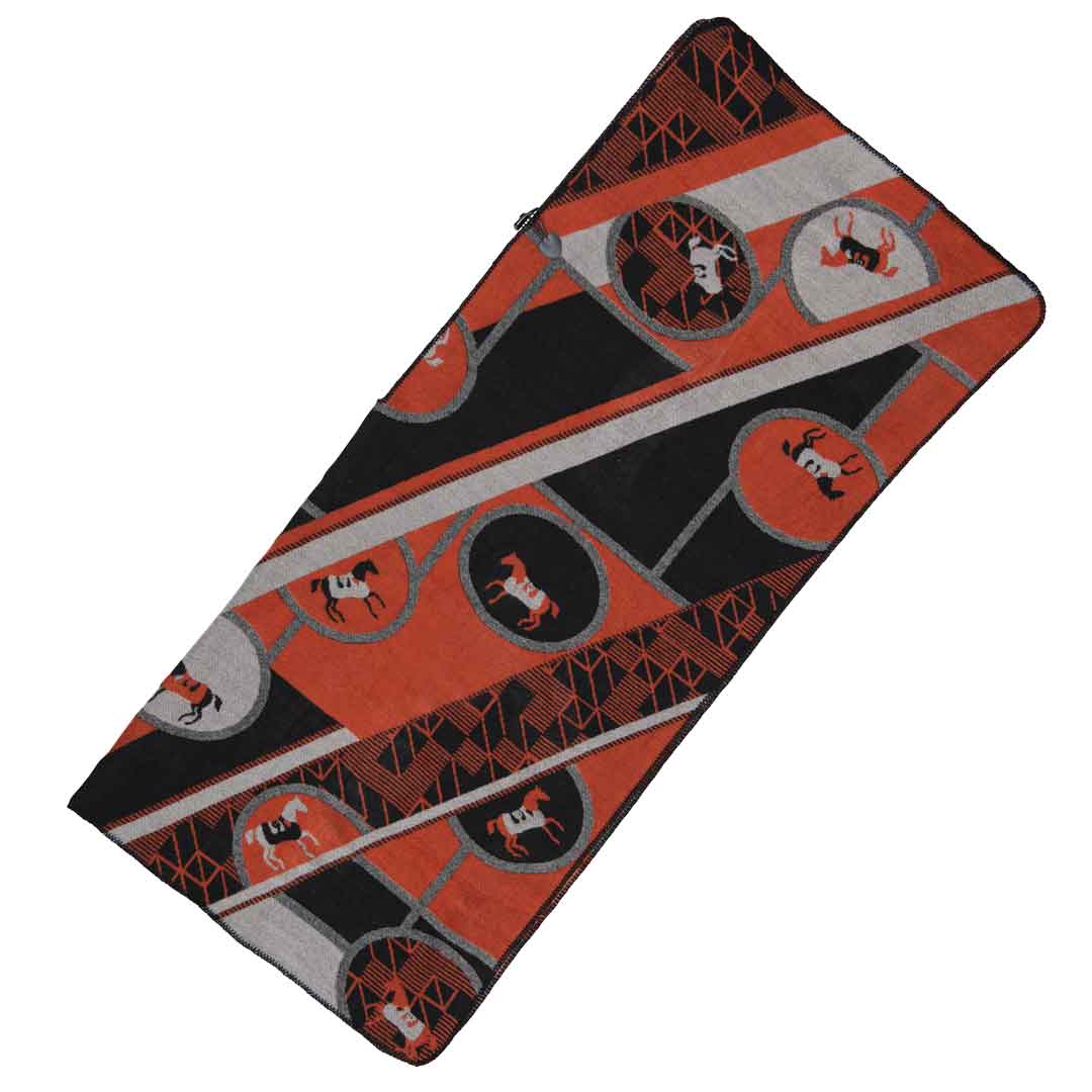 Adina - Equestrian Motif Shawl in Tangerine, Charcoal and Black Luxe Wrap