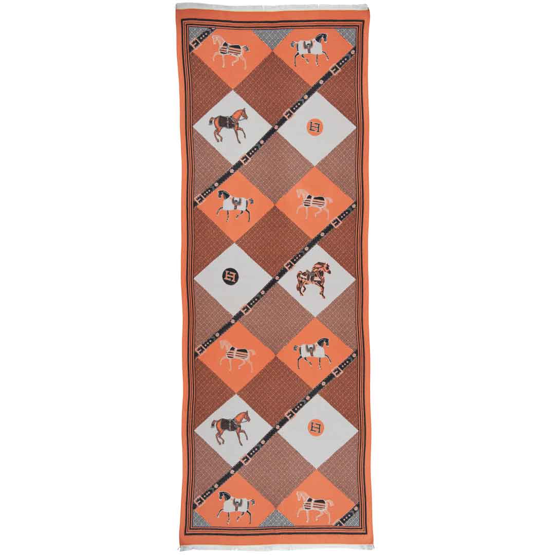 Della - Tangerine Equestrian Motif Luxe Shawl