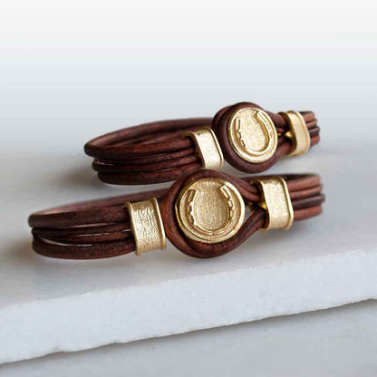 Colton - Horseshoe Dome Laced Equestrian Bracelet Gold or Silver on Brown