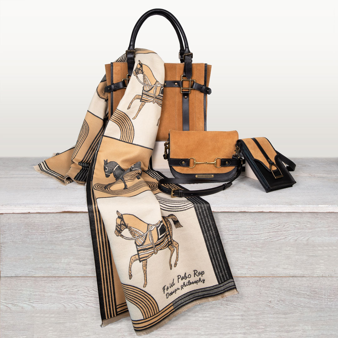 Saratoga- Horse Bit Crossbody Luxury Leather Handbag in Black on Chestnut