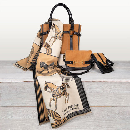 Saratoga- Horse Bit Crossbody Luxury Leather Handbag in Black on Chestnut