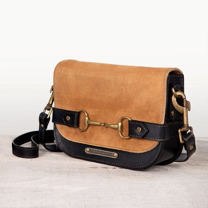 Saratoga- Horse Bit Crossbody Luxury Leather Handbag in Black on Chestnut
