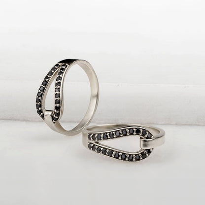Levade - Black Moissanite Equestrian Horseshoe Ring in Silver