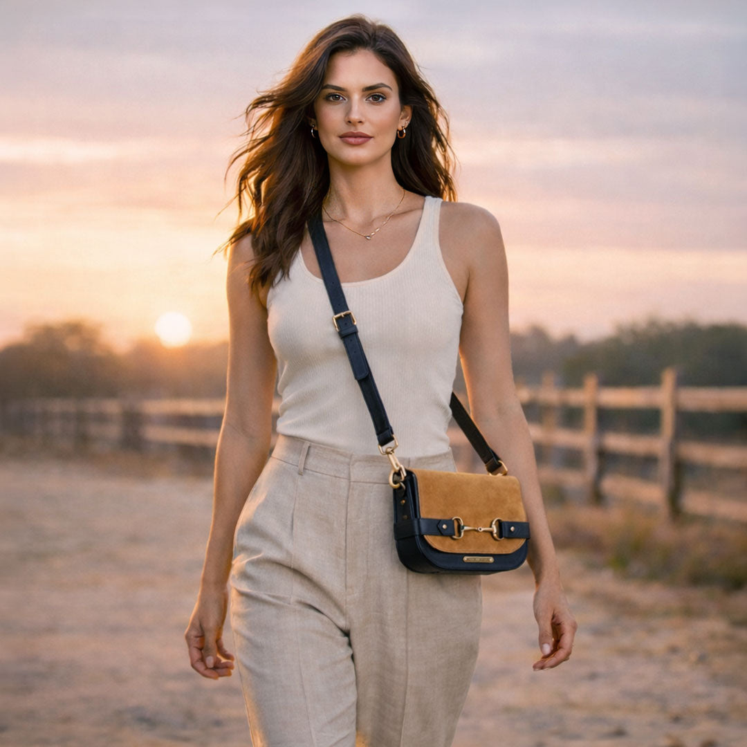 Saratoga- Horse Bit Crossbody Luxury Leather Handbag in Black on Chestnut