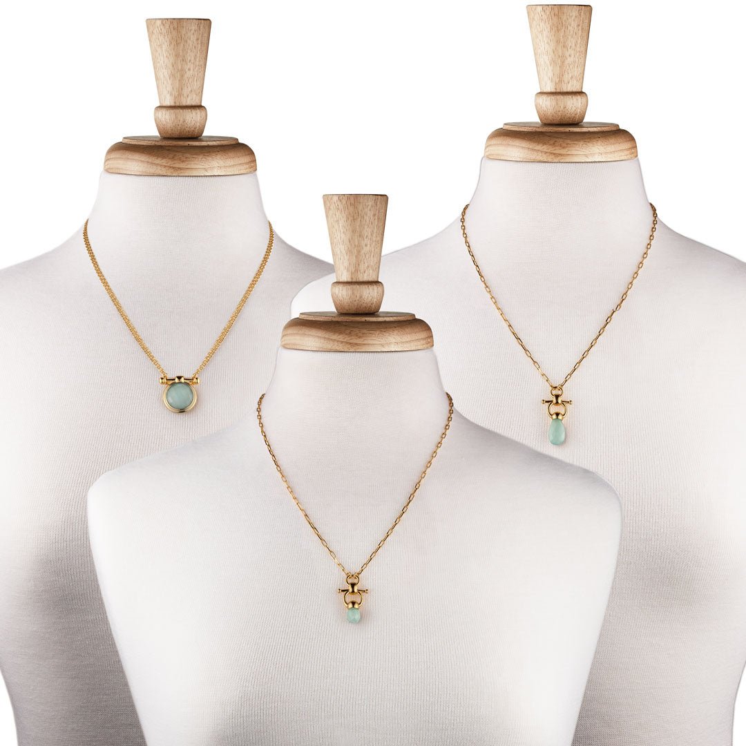 Adele - Aqua Chalcedony Equestrian Horse Bit Necklace in Gold