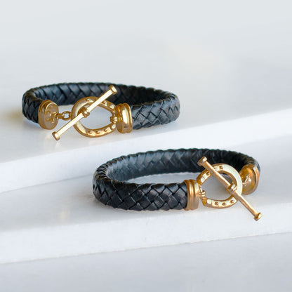 Aristo - 14K Gold Vermeil Black Leather Horseshoe Bracelet
