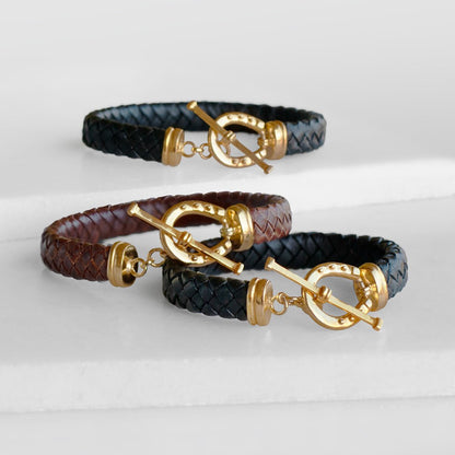 Aristo - 14K Gold Vermeil Black Leather Horseshoe Bracelet