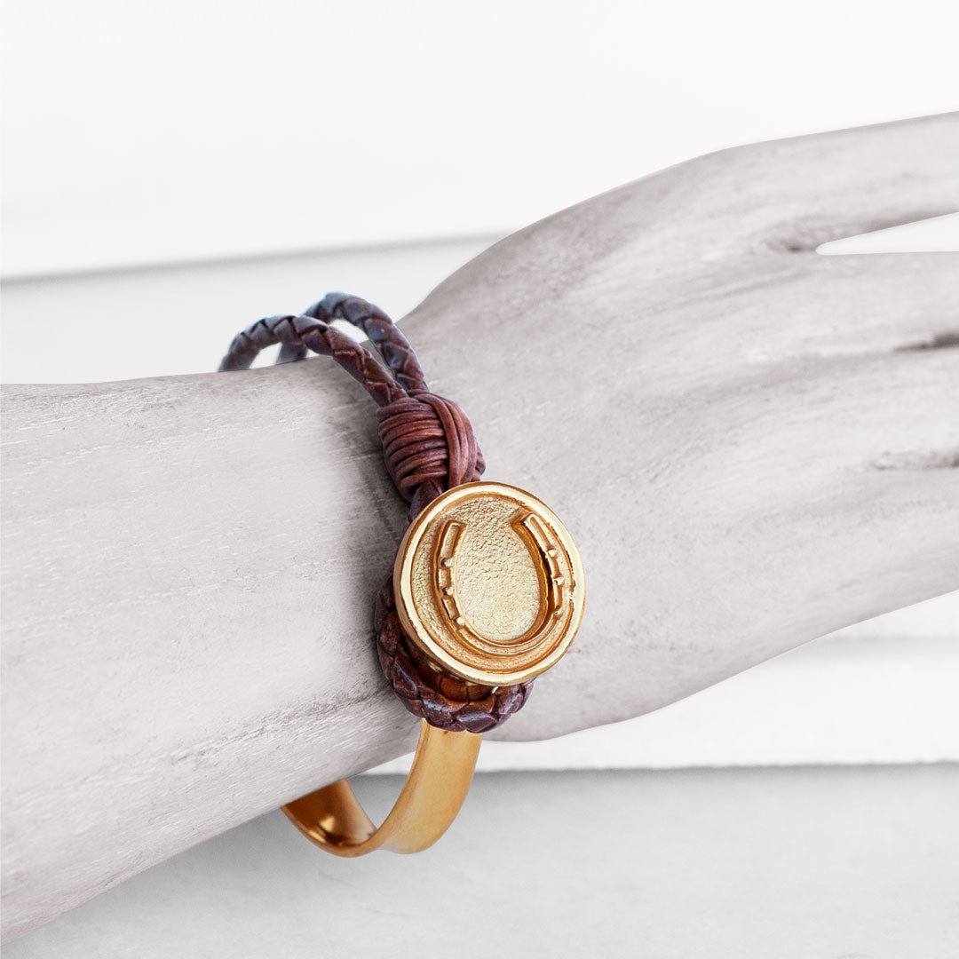 Bosal - Leather laced Horseshoe Bracelet in Brown and Gold