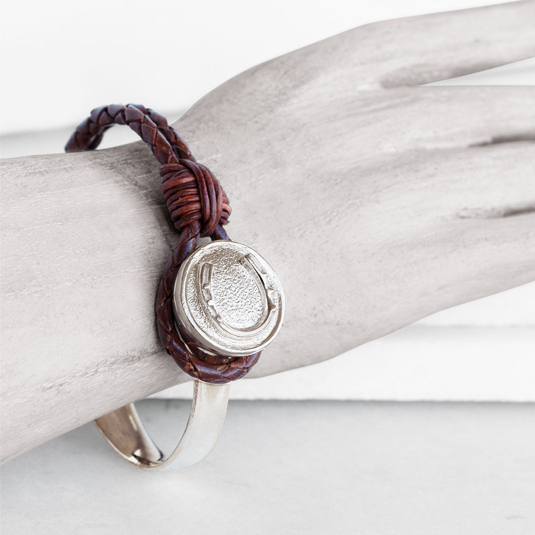 Bosal - Leather laced Horseshoe Bracelet in Brown and Silver