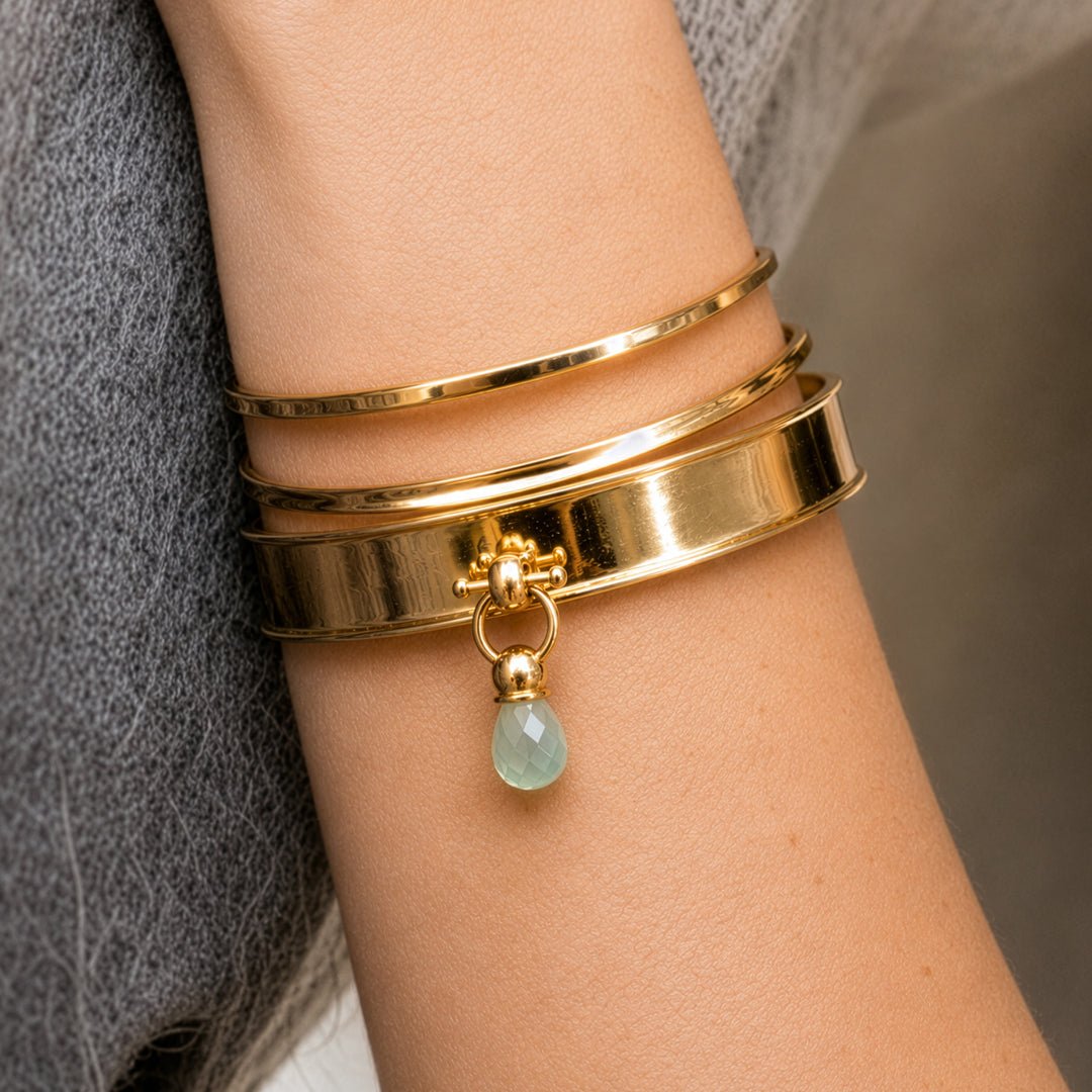 Briolette - Aqua Chalcedony Horse Bit Cuff Bracelet in Gold
