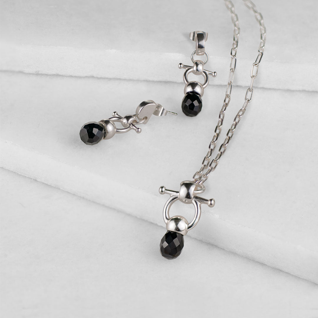 Briolette - Black Onyx Equestrian Horse Bit Necklace in Silver
