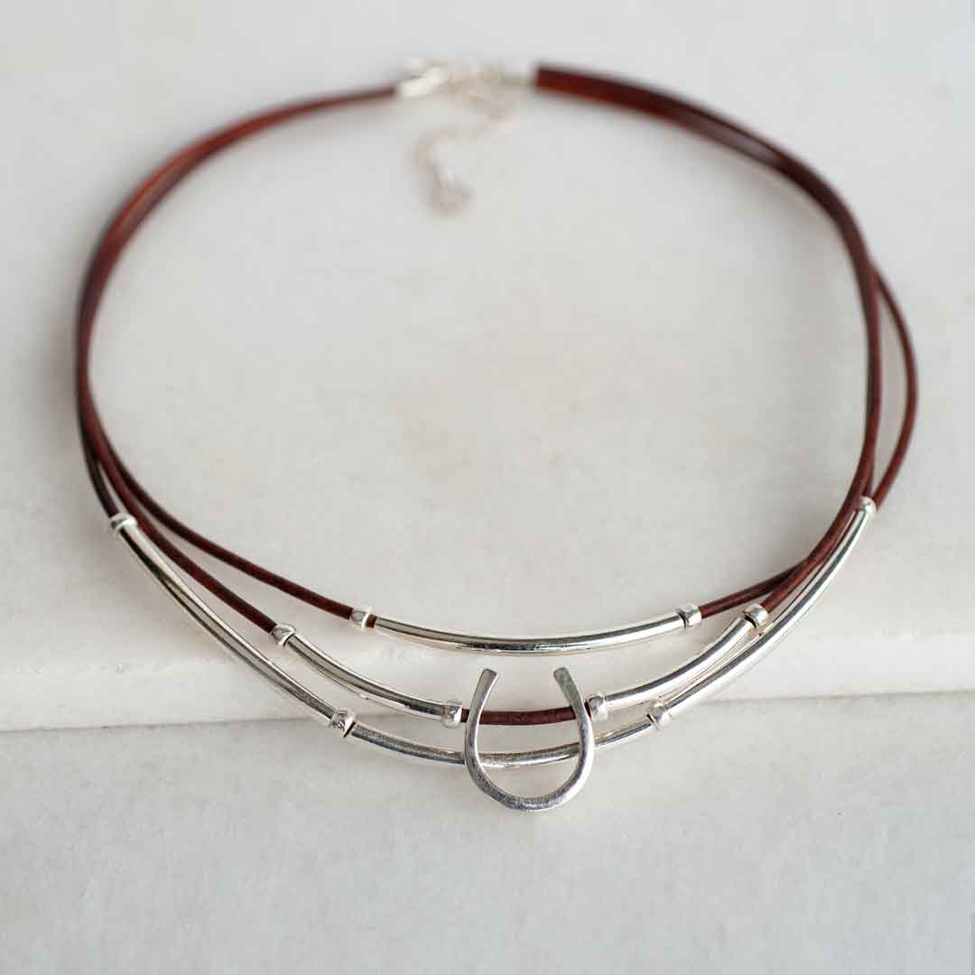 Calista - Equestrian Horseshoe Necklace on Brown Leather