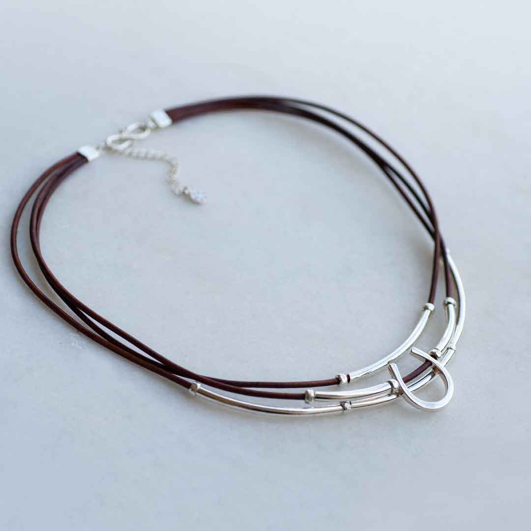 Calista - Equestrian Horseshoe Necklace on Brown Leather