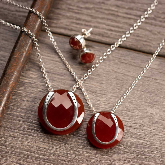 Carnelian - Horseshoe and Sterling Silver Rolo Chain Pendant Necklace