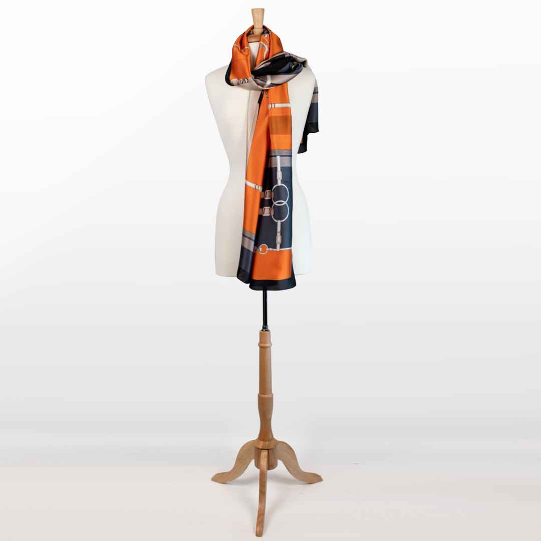 Celine - Stylized Equestrian Scarf in Tangerine and Deep Blue