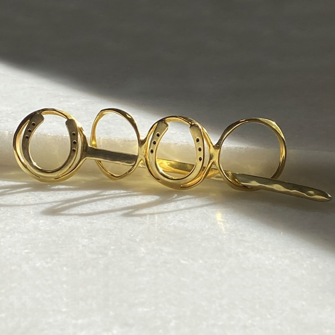 Handcast Horseshoe and 14k Gold on Brass Center Ring Bun Cover Hair Pin