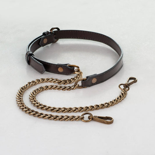 Vanity Strap - Curb Chain in Antique Brass and Deep Brown Leather