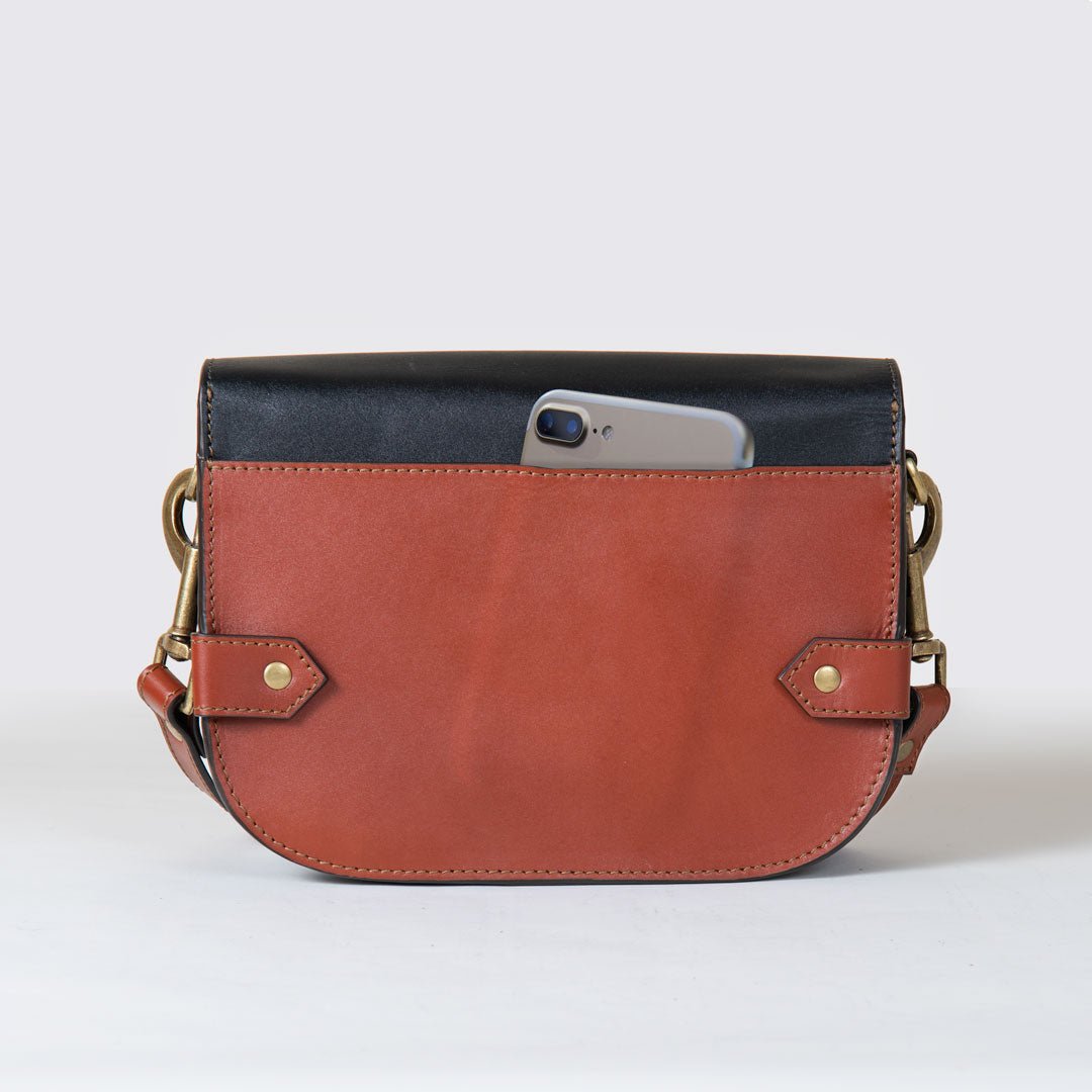Saratoga- Horse Bit Crossbody Luxury Leather Handbag in Cognac on Black