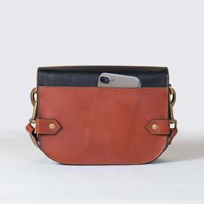 Saratoga- Horse Bit Crossbody Luxury Leather Handbag in Cognac on Black