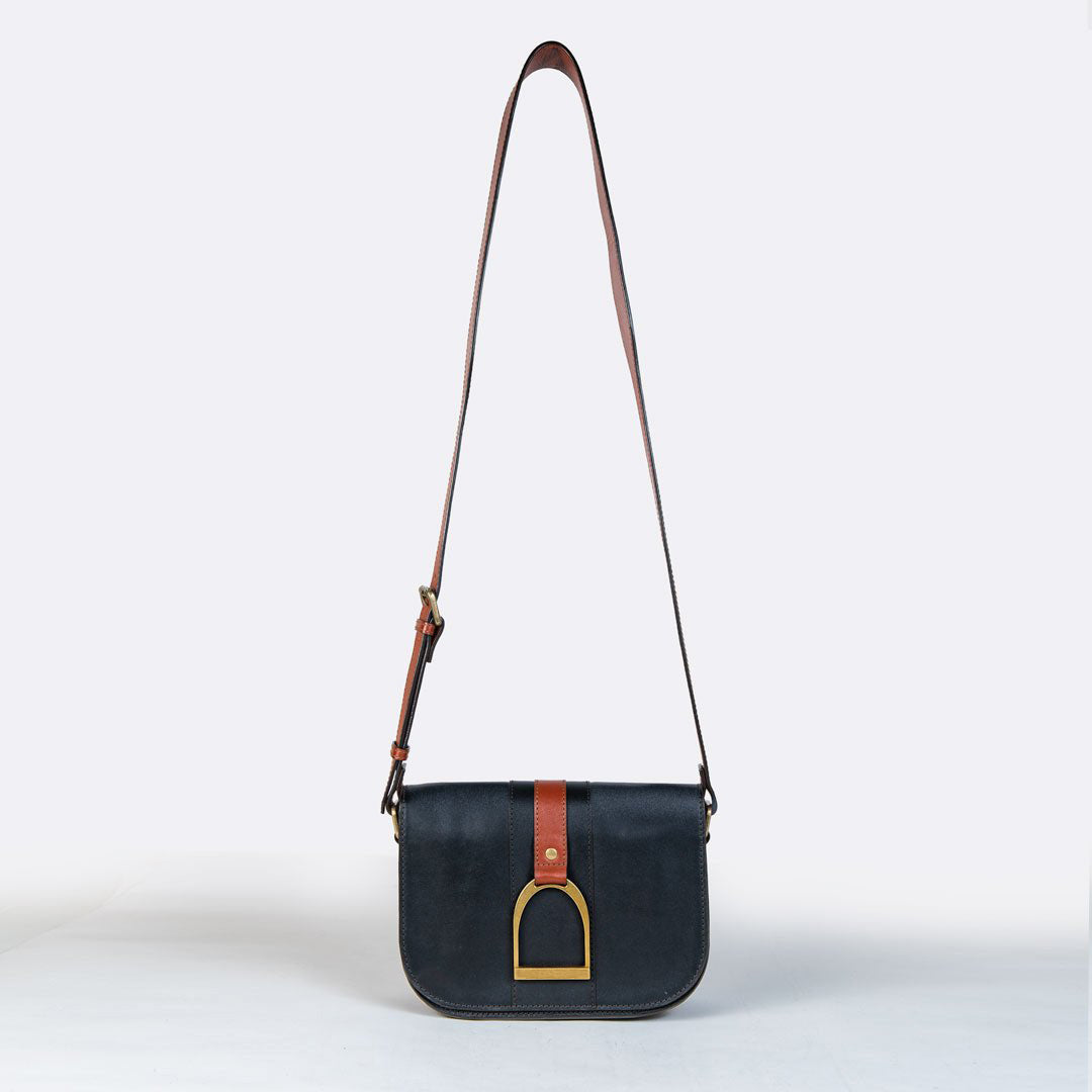 Signature Stirrup - Riding Stirrup Crossbody Luxury Leather Handbag in Cognac on Black