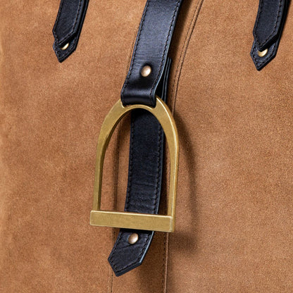 Signature - Riding Stirrup Tote Luxury Leather Handbag in Black on Chestnut