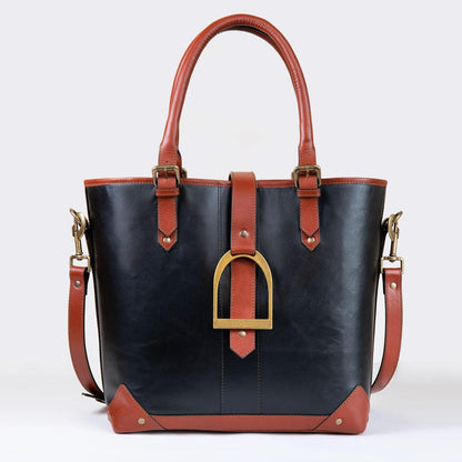 Signature - Riding Stirrup Tote Luxury Leather Handbag in Cognac on Black