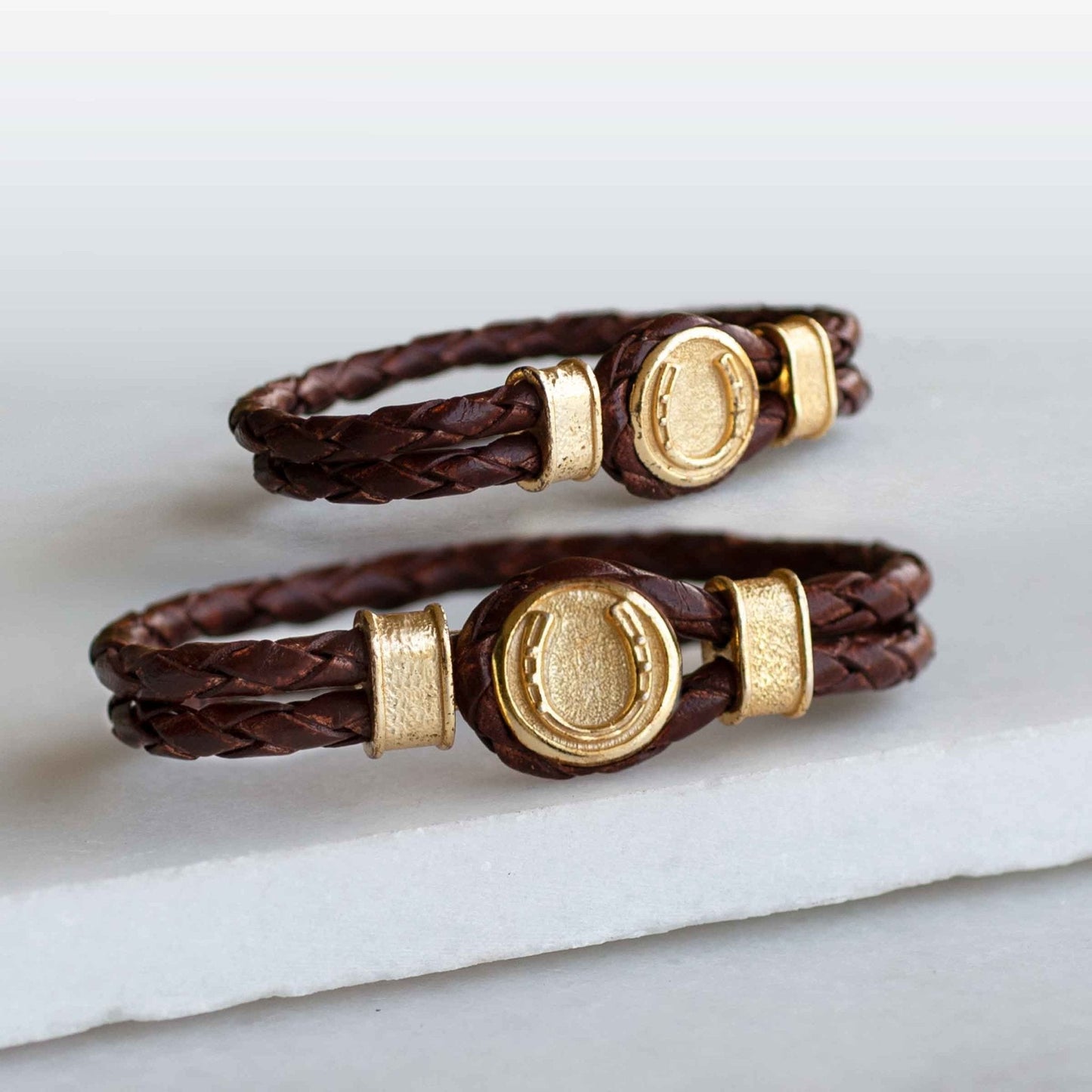 Colton - Horseshoe Dome Braided Equestrian Bracelet Gold or Silver on Brown