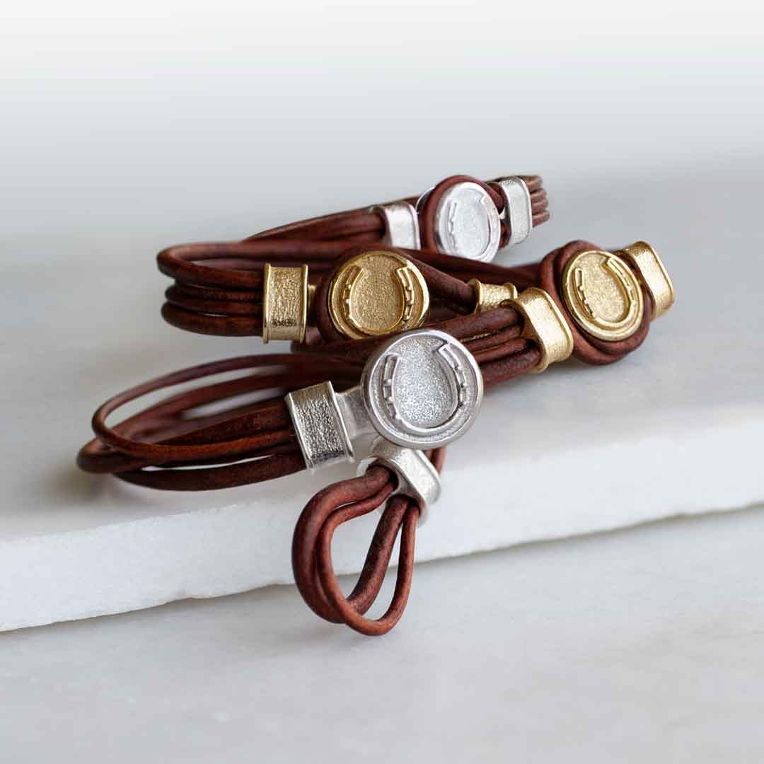 Colton - Horseshoe Dome Laced Equestrian Bracelet Gold or Silver on Brown