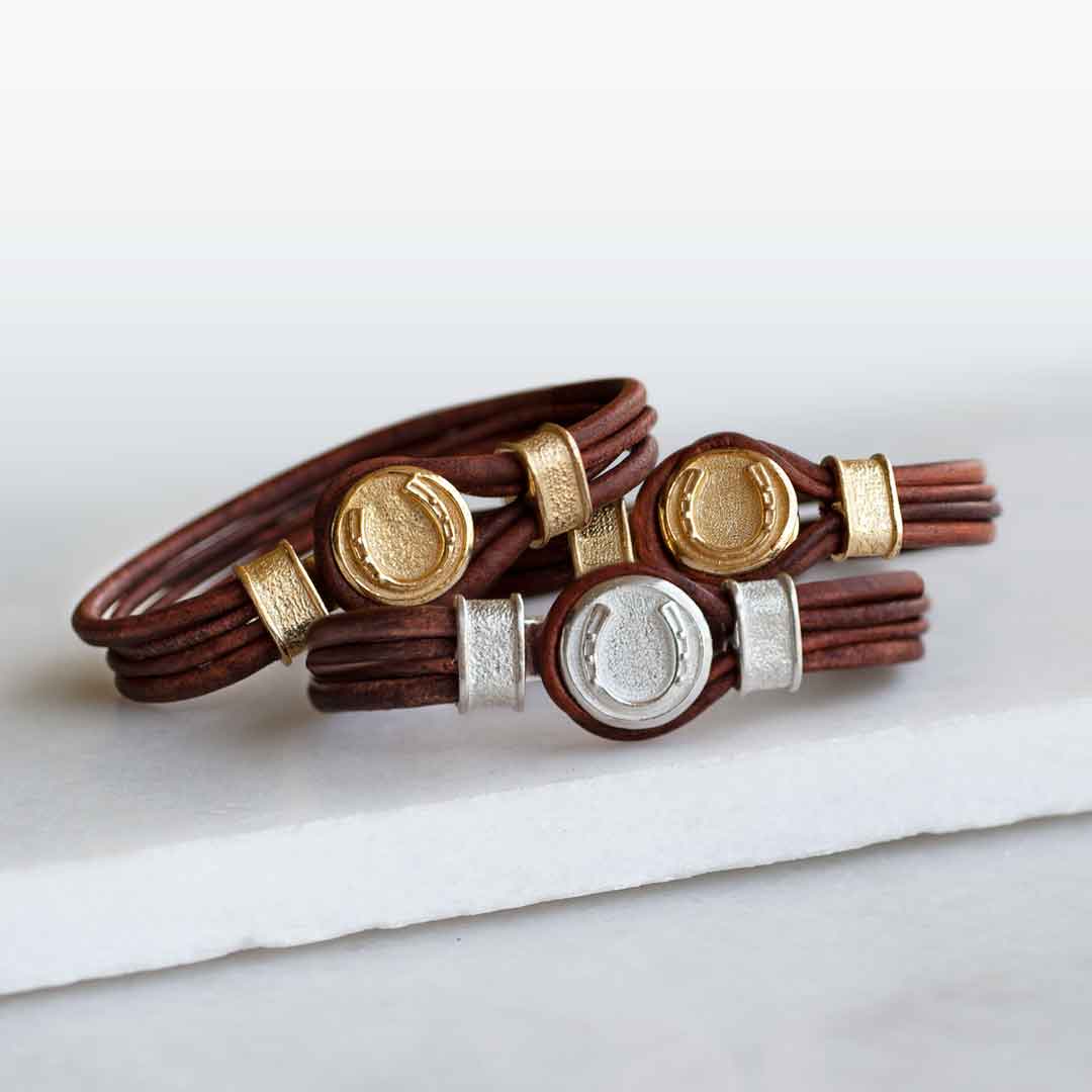 Colton - Horseshoe Dome Laced Equestrian Bracelet Gold or Silver on Brown