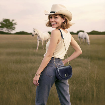 Coronado- Horse Bit Lock Luxury Leather Crossbody Handbag in Black