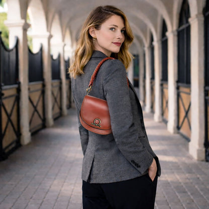 Coronado- Horse Bit Lock Luxury Leather Crossbody Handbag in Cognac