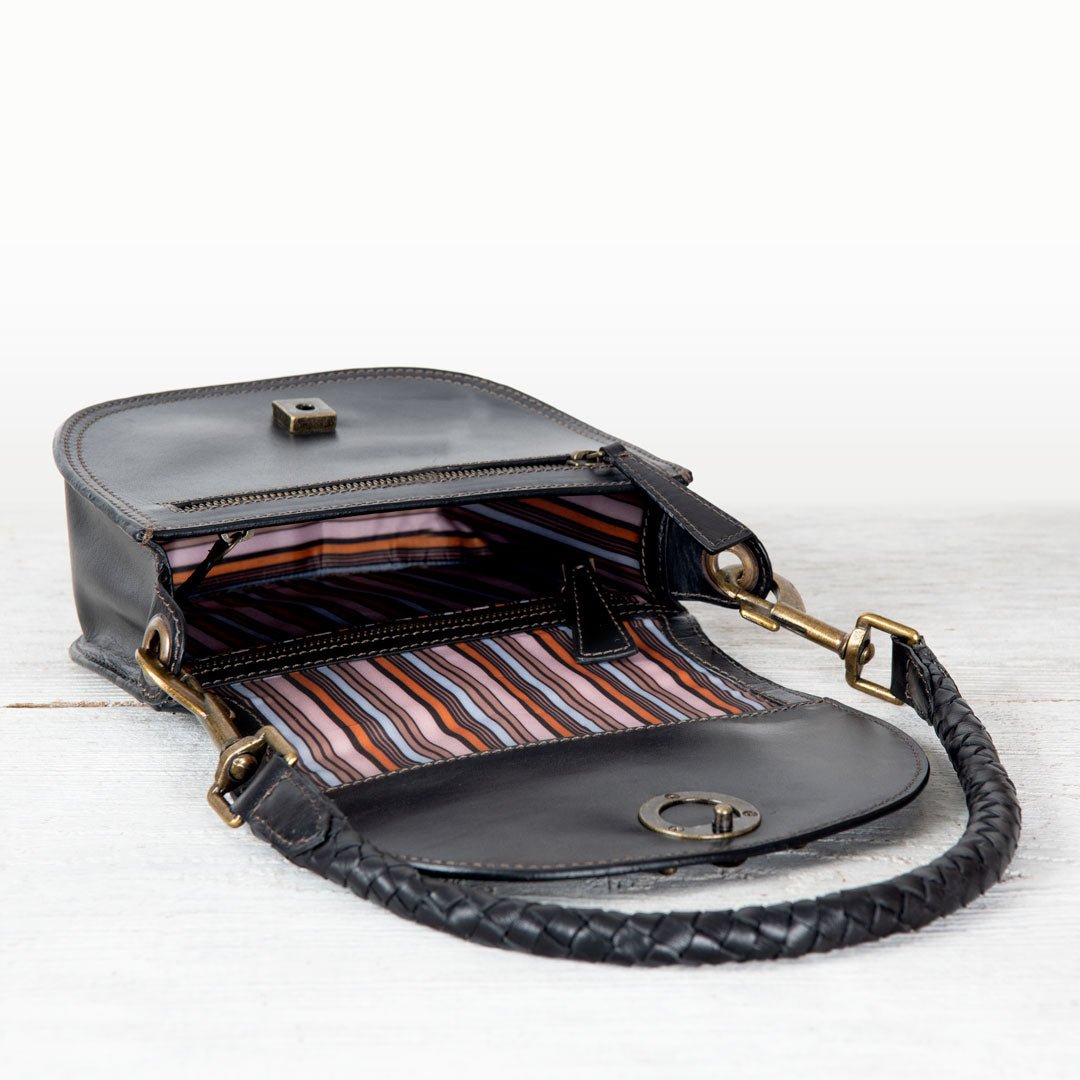 Coronado- Horse Bit Lock Luxury Leather Crossbody Handbag in Black