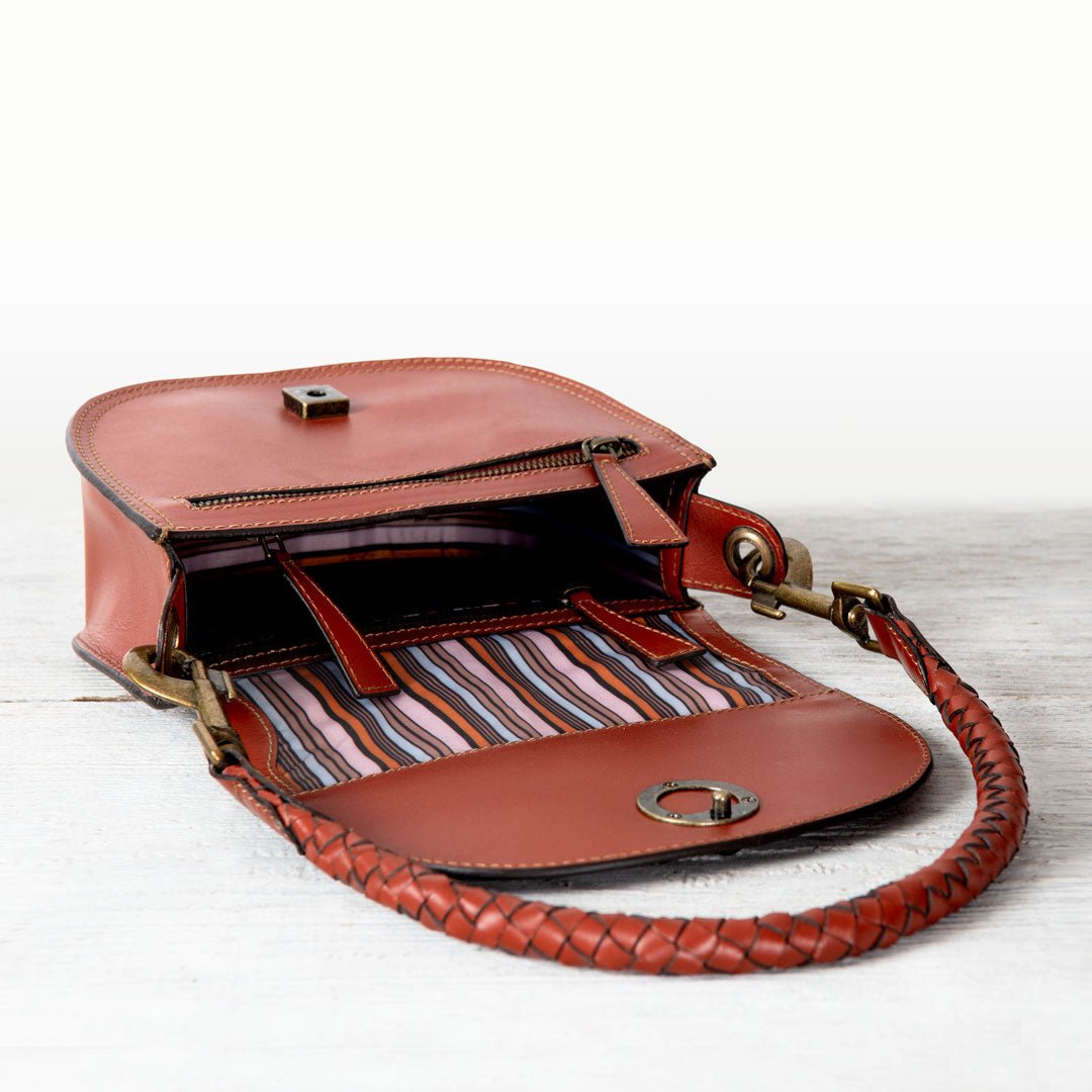 Coronado- Horse Bit Lock Luxury Leather Crossbody Handbag in Cognac