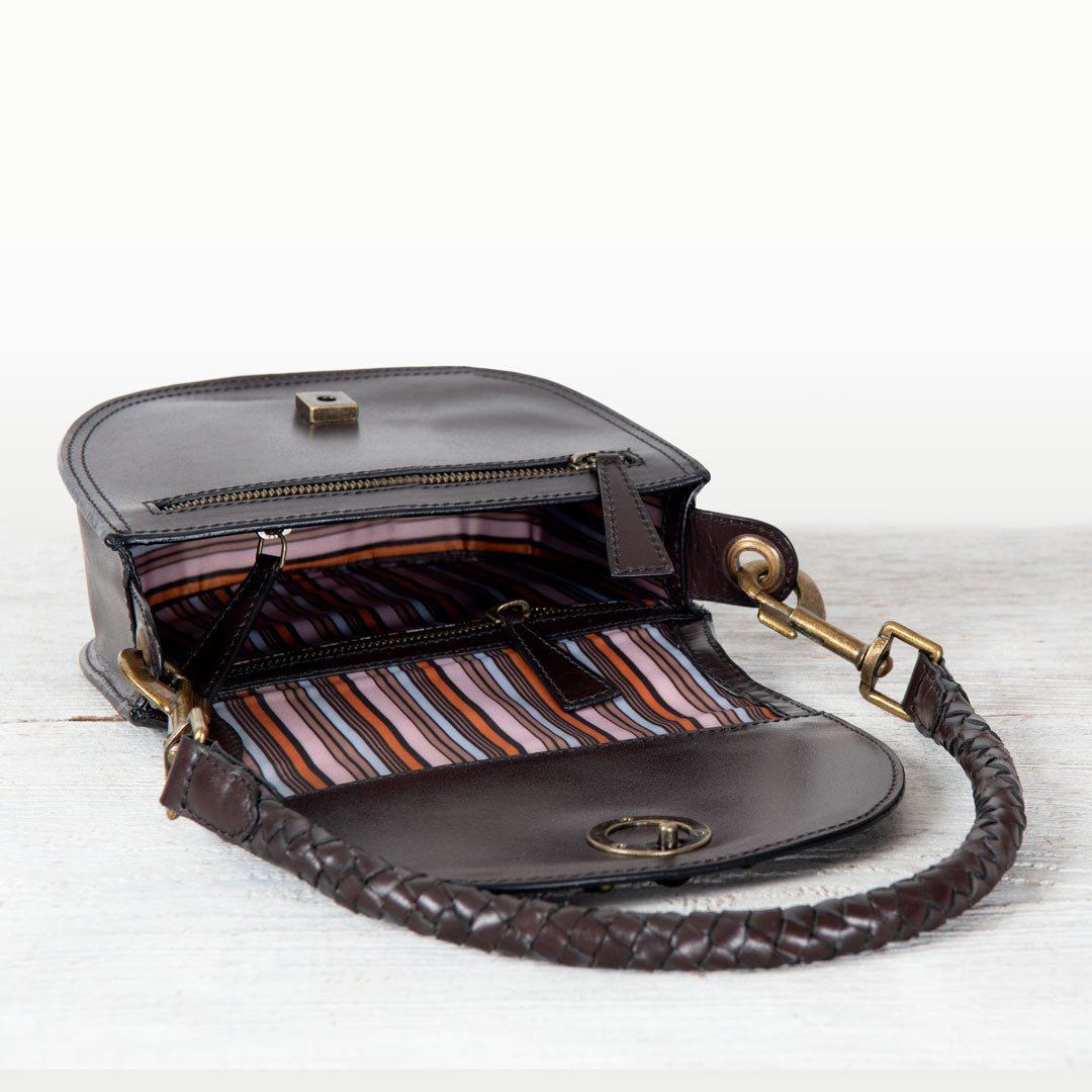 Coronado- Horse Bit Lock Luxury Leather Crossbody Handbag in Deep Brown
