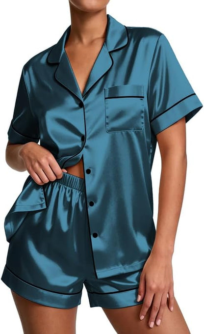 Satin Pajamas Women'S Short Sleeve Sleepwear Soft Silk Button down Loungewear Pjs Shorts Set S-XXL