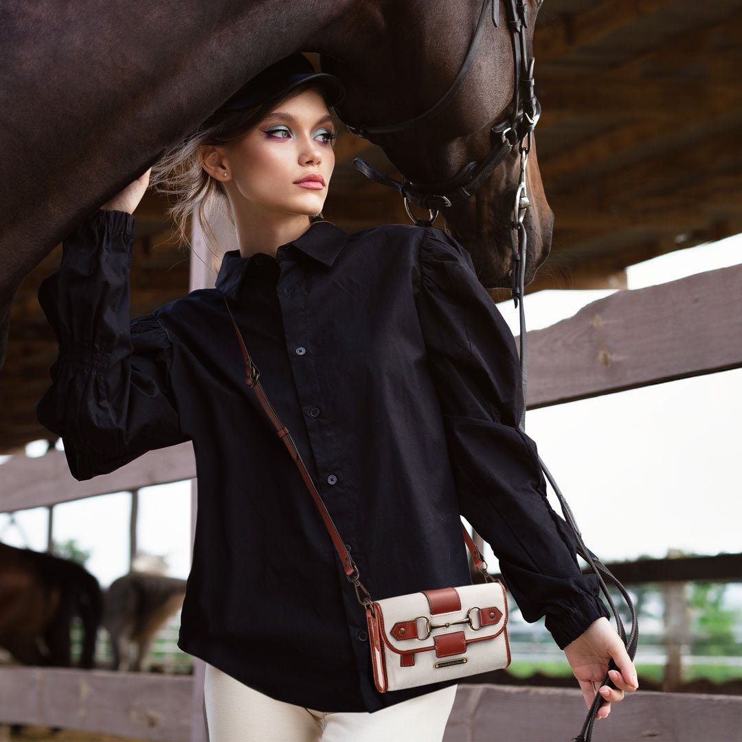 Dalton - Horse Bit Crossbody Luxury Leather Handbag in Cognac on Ivory