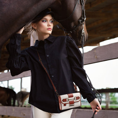 Dalton - Horse Bit Crossbody Luxury Leather Handbag in Cognac on Ivory