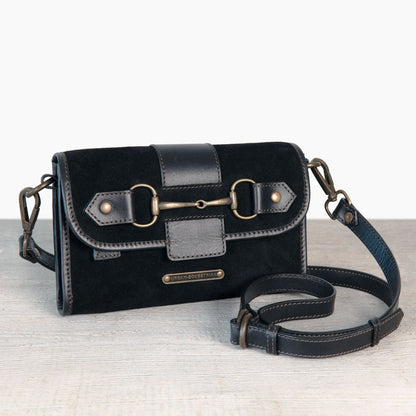 Dalton - Horse Bit Crossbody Luxury Leather Handbag in Black on Black
