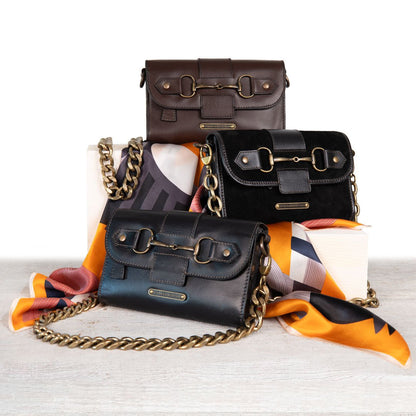 Dalton - Horse Bit Crossbody Luxury Leather Handbag in Black on Black