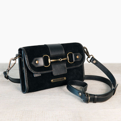 Dalton - Horse Bit Crossbody Luxury Leather Handbag in Black on Black
