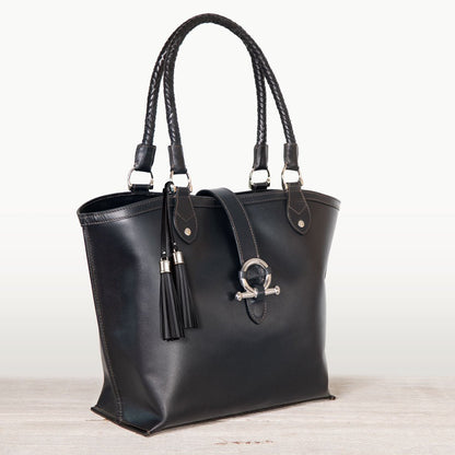 Del Rey -Horse Bit Tote Luxury Leather Handbag in Black