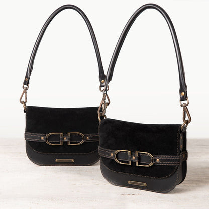 Delaney - Equestrian Stirrup Crossbody Luxury Leather Handbag in Black on Black