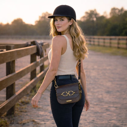 Delaney - Equestrian Stirrup Crossbody Luxury Leather Handbag in Deep Brown