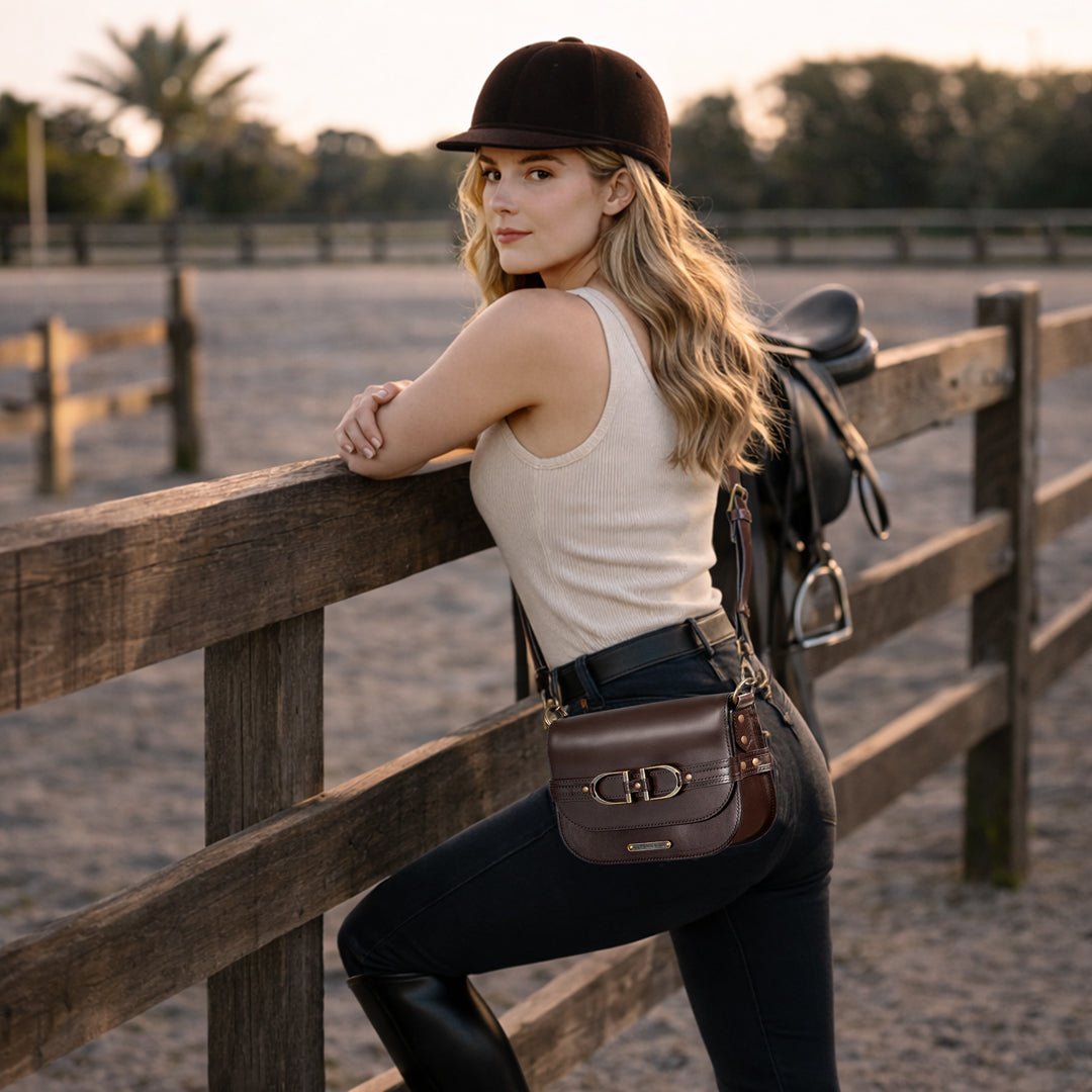 Delaney - Equestrian Stirrup Crossbody Luxury Leather Handbag in Deep Brown