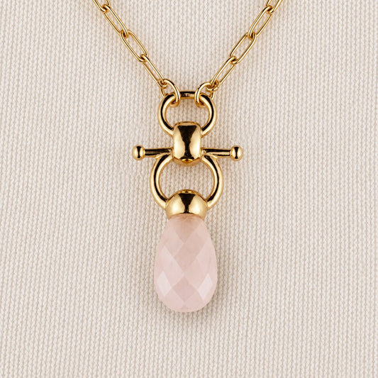 Droplette - Rose Quartz Equestrian Horse Bit Necklace in Gold