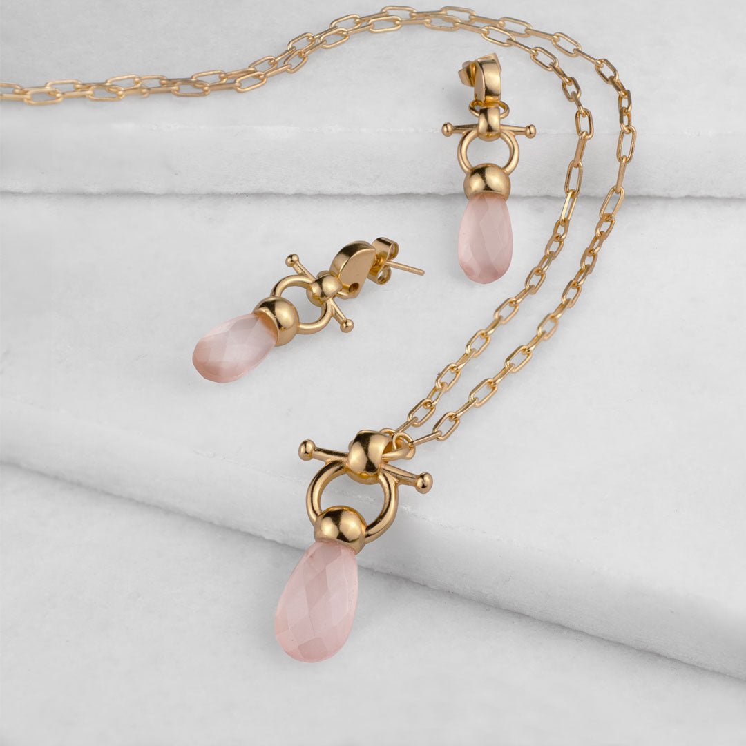 Droplette - Rose Quartz Horse Bit Equestrian Earring in Gold