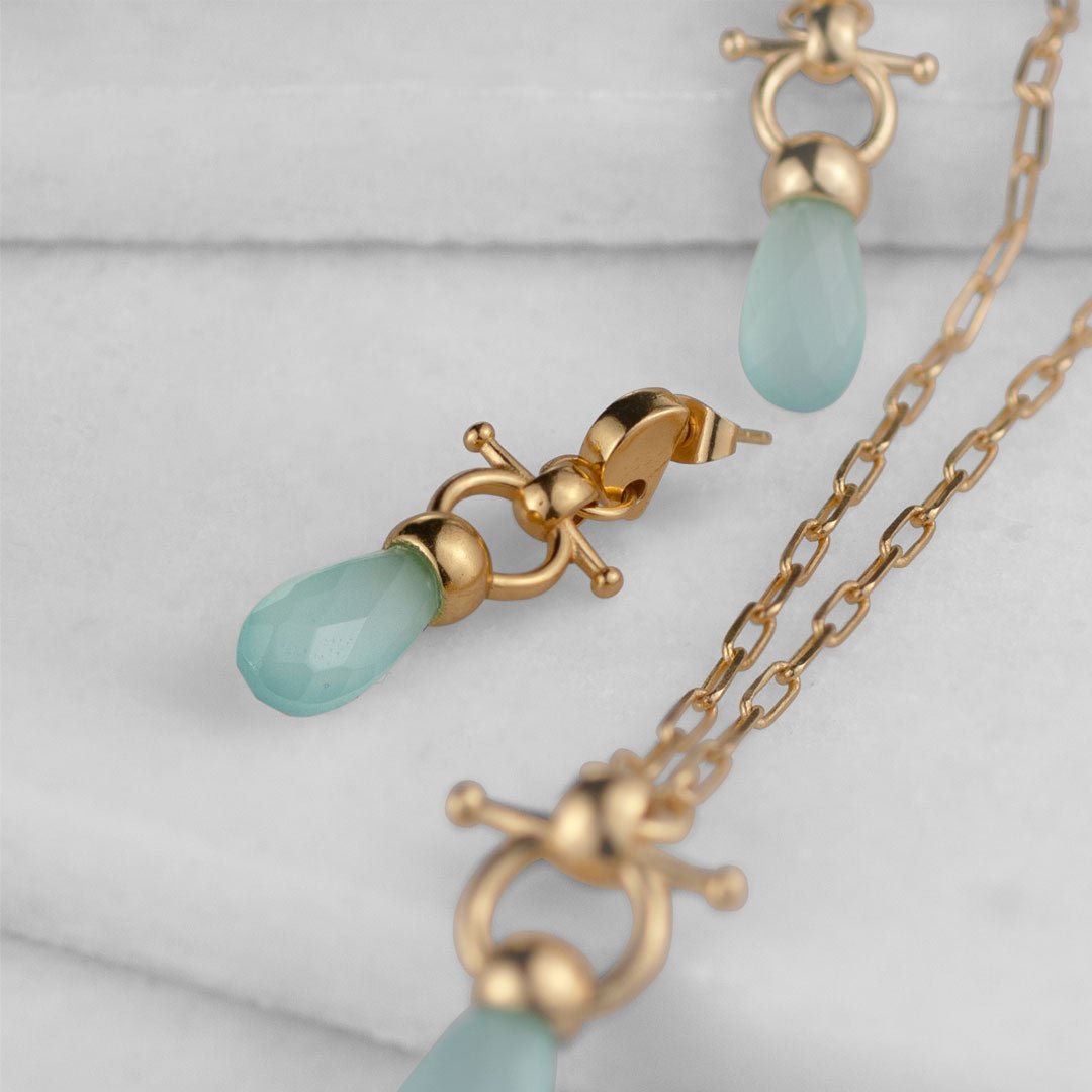 Droplette - Aqua Chalcedony Equestrian Horse Bit Necklace in Gold