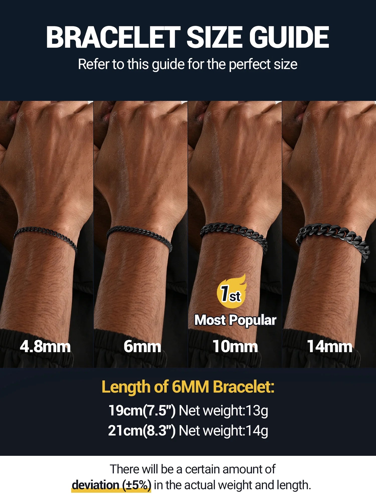 Men Chain Bracelet Black Cuban Curb Bracelet 6MM 8.3 Inch Wrist Bracelet Mens Birthday Father Day Graduation Jewelry Gifts for Him Dad Adults Age