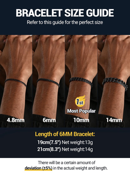 Men Chain Bracelet Black Cuban Curb Bracelet 6MM 8.3 Inch Wrist Bracelet Mens Birthday Father Day Graduation Jewelry Gifts for Him Dad Adults Age
